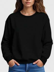 Set Of 2 Women's Plain Crew Neck Fleece Sweatshirts In Various Colors - Navy Blue - View 2