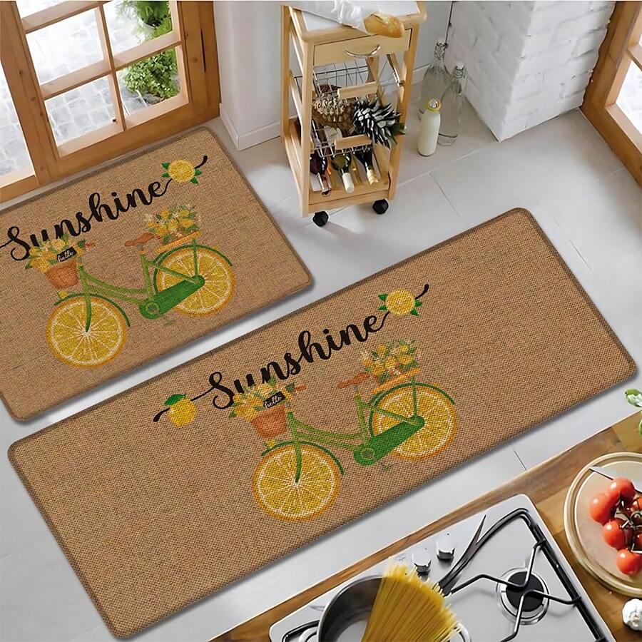 1pc Lemon Bicycle Pattern Printed Linen Kitchen Rug, Carpet, Mat, Bathroom Mat, Doormat, 3D Printed Rectangle, Suitable For Living Room, Bedroom, Hallway, Bathroom, Laundry Room - Polyester Carpet, For Indoor And Outdoor Home Decor - Multicolor - View 1