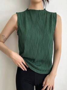 Blusas de tirantes de cuello alto de verano de tela con textura uniforme, casuales pero elegantes - Verde Oscuro - Ver 4