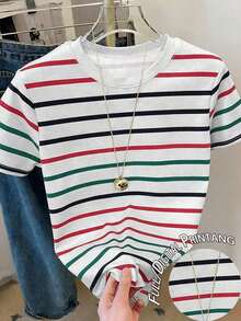 Camiseta de mujer de manga corta, cuello redondo y rayas, informal, para verano - Multicolor - Ver 5