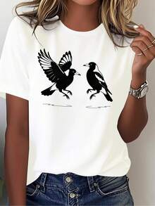 Australian Magpie Pure Cotton T-Shirt, Women's Pure Cotton Printed T-Shirt, Comfortable And Versatile, Casual Short Sleeve Plain White T-Shirt. - 白色3 - 查看 6