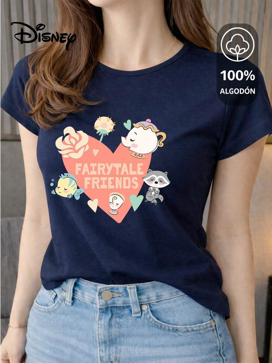 Women's T-Shirt Made Of 100% High-Quality Cotton, This T-Shirt Guarantees Exceptional Softness To The Touch, Round Neck With "Disney Fairytale Friends" Print And Short Sleeves - 藏蓝色 - 查看 1