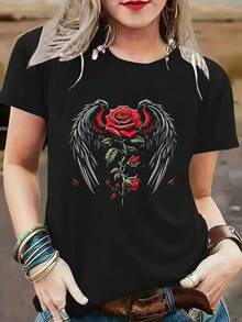 100% Algodón Premium 180g .¡Oferta Especial!Playera.Camiseta Negra con Diseño Único de Rosa y Alas para Mujer Casual Elegante Moda Callejera Estilo Urbano Perfecta para Salidas Relajadas Tallas S-XL Camisetas Modernas  2023 Camiseta Streetwear Unisex Ideal para Conciertos y Regalo - Negro - Ver 1