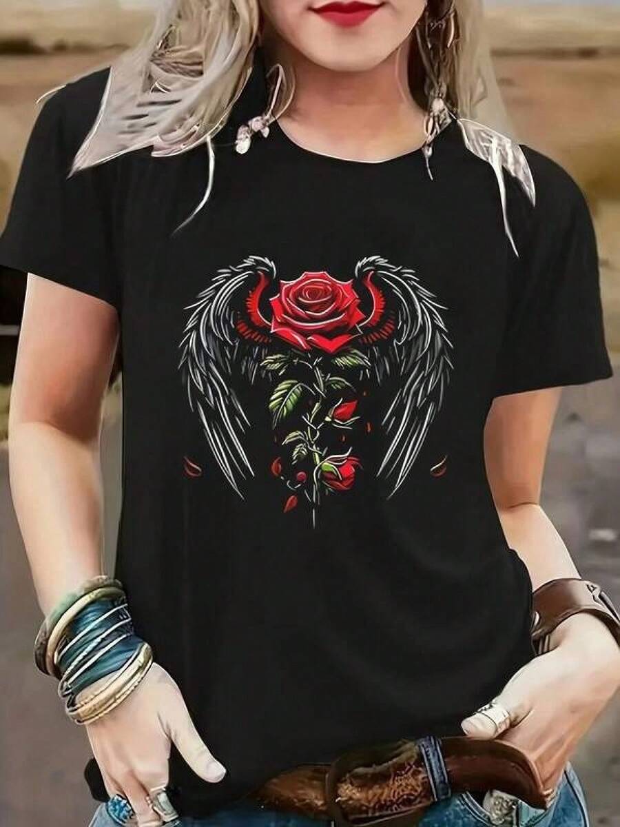 100% Algodón Premium 180g .¡Oferta Especial!Playera.Camiseta Negra con Diseño Único de Rosa y Alas para Mujer Casual Elegante Moda Callejera Estilo Urbano Perfecta para Salidas Relajadas Tallas S-XL Camisetas Modernas  2023 Camiseta Streetwear Unisex Ideal para Conciertos y Regalo - Negro - Ver 1