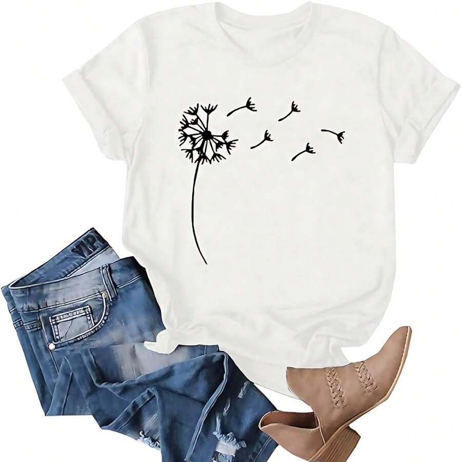 playera de manga corta para mujer, diseño de diente de león, con estampado de diente de león - Blanco - Ver 1