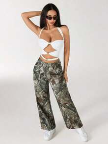 Jeans de mezclilla con estampado de leopardo vintage informal - Verde militar - Ver 6