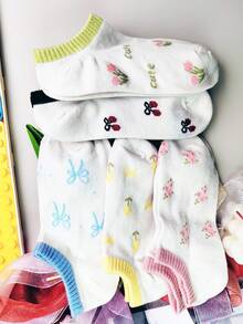 5 Pairs Women's Ankle Socks With Cute Cherry Pattern, Minimalist Ruffle Design, Comfortable White Socks In Random Colors, Suitable For All Seasons - Multicolor - View 4