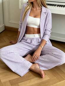 Nina Bonheur 2pcs Set Piyama Lengan Panjang Bergaris Kancing Depan untuk Wanita + Celana Serut, Setelan Pakaian Tidur yang Lucu - Purple - View 6