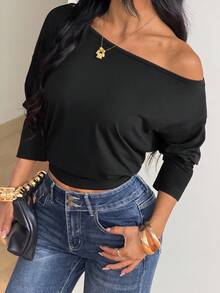 SMILE CHIC 女款不對稱單肩長袖 T-shirt 設計上衣 休閒黑色 - 黑色 - 查看 3