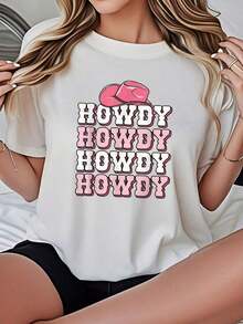 Camisa de Mujer Casual de Corte Holgado, Opciones en Blanco y Negro, Estampado de Sombrero de Vaquero HOWDY, Camisetas de Uso Diario de Verano, Tops de Verano, Camisetas Gráficas, Conjuntos de Verano para Mujer, Camisetas Cortas para Mujer, Tops Vintage de Algodón, Ropa Linda para Mujer, Playera Holgada para Mujer - Blanco - Ver 7