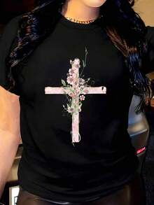 Women's T-Shirt With Pink Watercolor Floral Design, Round Neck, Short Sleeve, Casual, Suitable For Daily Outdoor Wear, Perfect For All Seasons. - 黑色 - 查看 9