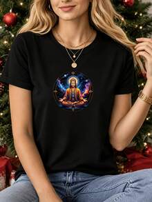 Camiseta Deportiva Casual para Mujer con Colorido Diseño de Buda - Camiseta Negra Elástica de Cuello Redondo, Lavable aáquina, Ajuste Cómodo y Apta para Todas las Estaciones, para Llevar con Jeans Azules. - Negro - Ver 6