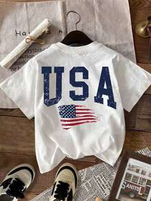 Tops de mujer, playera blanca de algodón con diseño de USA y bandera, estilo clásico y fresco para primavera verano 2026 - Blanco - Ver 6