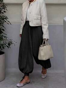 New Stylish Casual Trousers With Bow, Pleats And Lantern, Suitable For Outdoor Activities, Travel, Daily Wear, Vacations, Office, All Year Round, Spring Black Color - 黑色 - 查看 7
