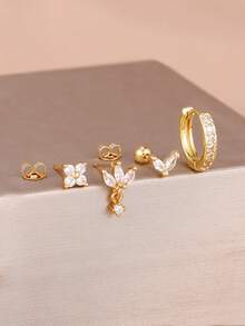New Arrival 4PCS Shining Zirconia Flower Stud Earrings Set For Women 18K Gold Plated Stainless Steel Ear Stud Piercing Jewelry - 1 Gold - 4 PCS - View 1