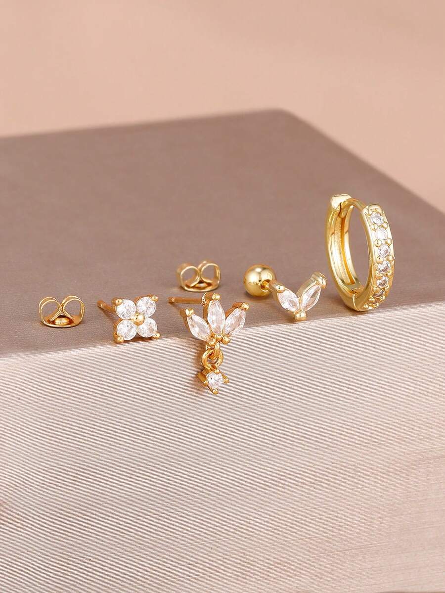 New Arrival 4PCS Shining Zirconia Flower Stud Earrings Set For Women 18K Gold Plated Stainless Steel Ear Stud Piercing Jewelry - 1 Gold - 4 PCS - View 1