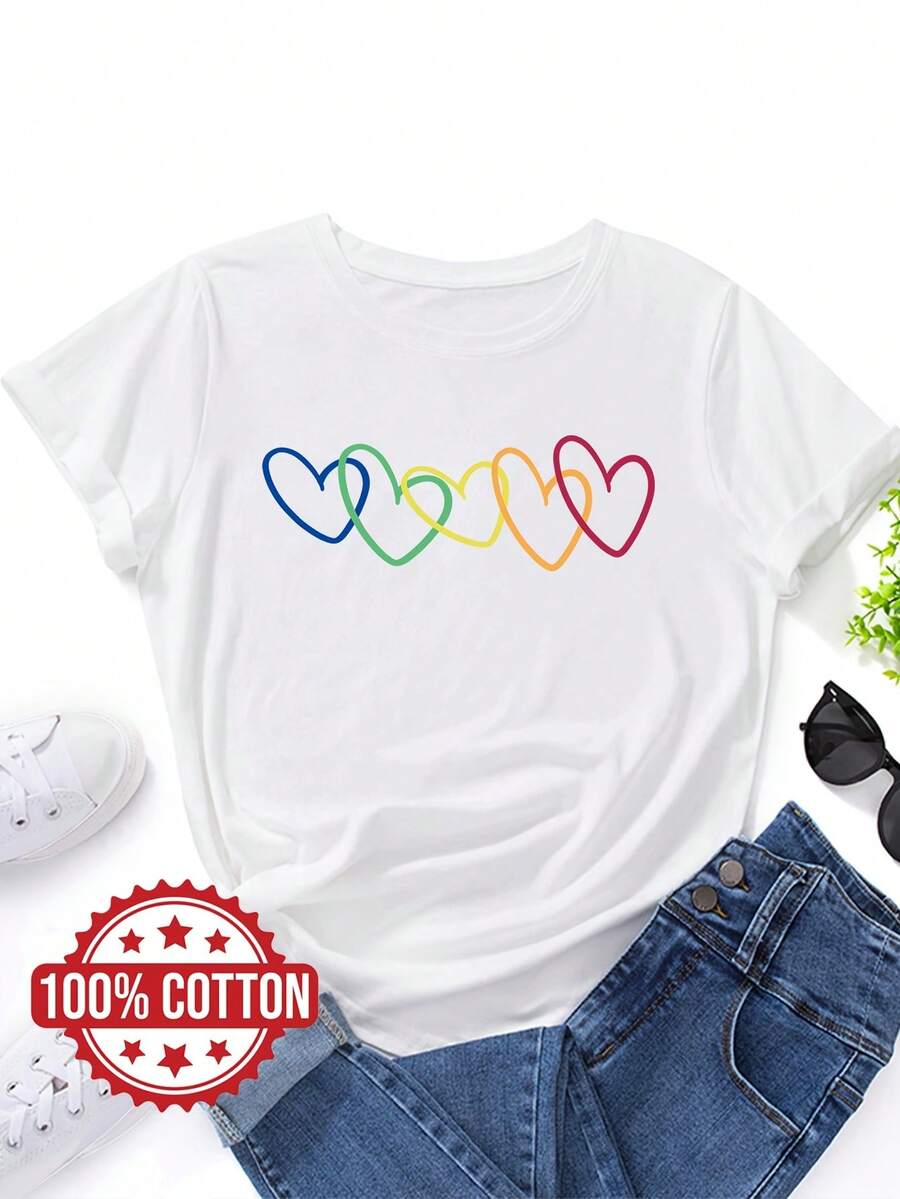 Camiseta para mujer con estampado gr£fico "LOVE", top casual de cuello redondo y manga corta, tela para toda temporada, 100 % algod￳n