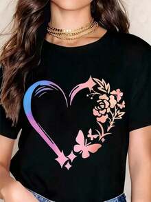 Camiseta de Manga Corta Casual para Mujer con Estampado Floral de Mariposas y Corazones Bohemios, Top de Verano, Camiseta Gráfica de Moda para Mujer, Camiseta de Algodón - Blanco - Ver 7