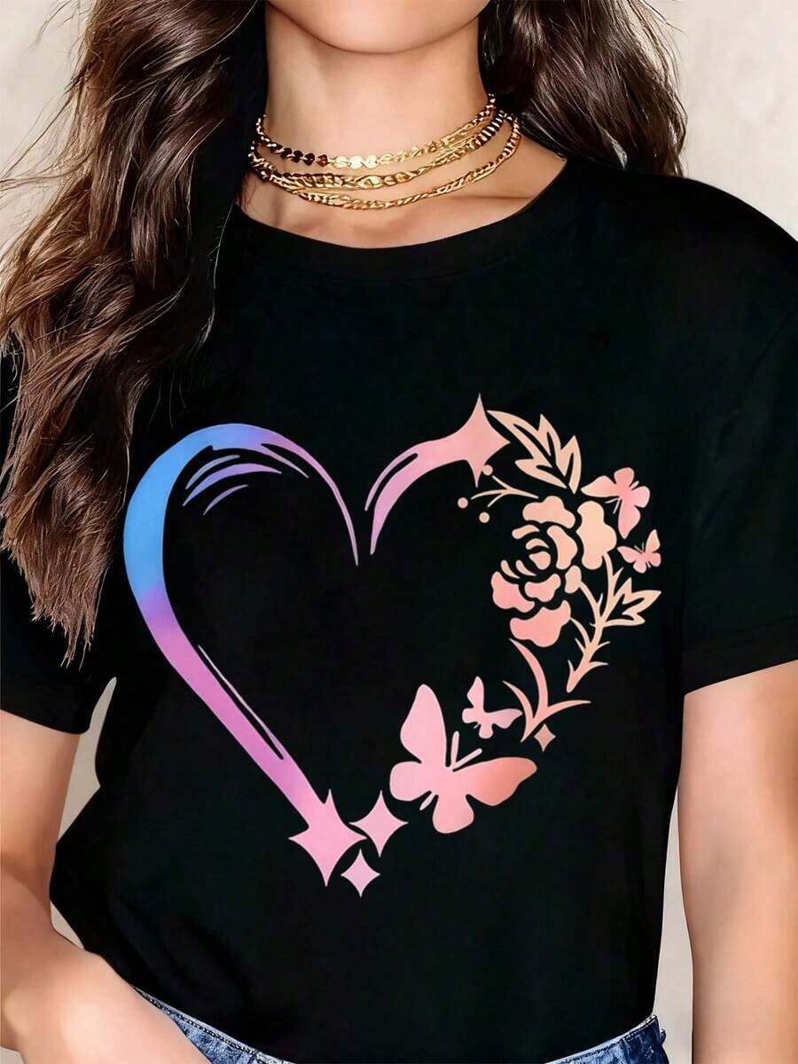 Women's Casual Short Sleeve T-Shirt With Bohemian Floral Butterfly And Heart Print, Summer Top, Fashion Graphic T-Shirt For Women, Cotton T-Shirt - 黑色 - 查看 1