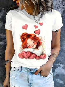 Camiseta Love Sweet, camiseta de moda de cuello redondo para mujer, top blanco versátil para mujer, camiseta de edición limitada para el Día de San Valentín - Blanco - Ver 2