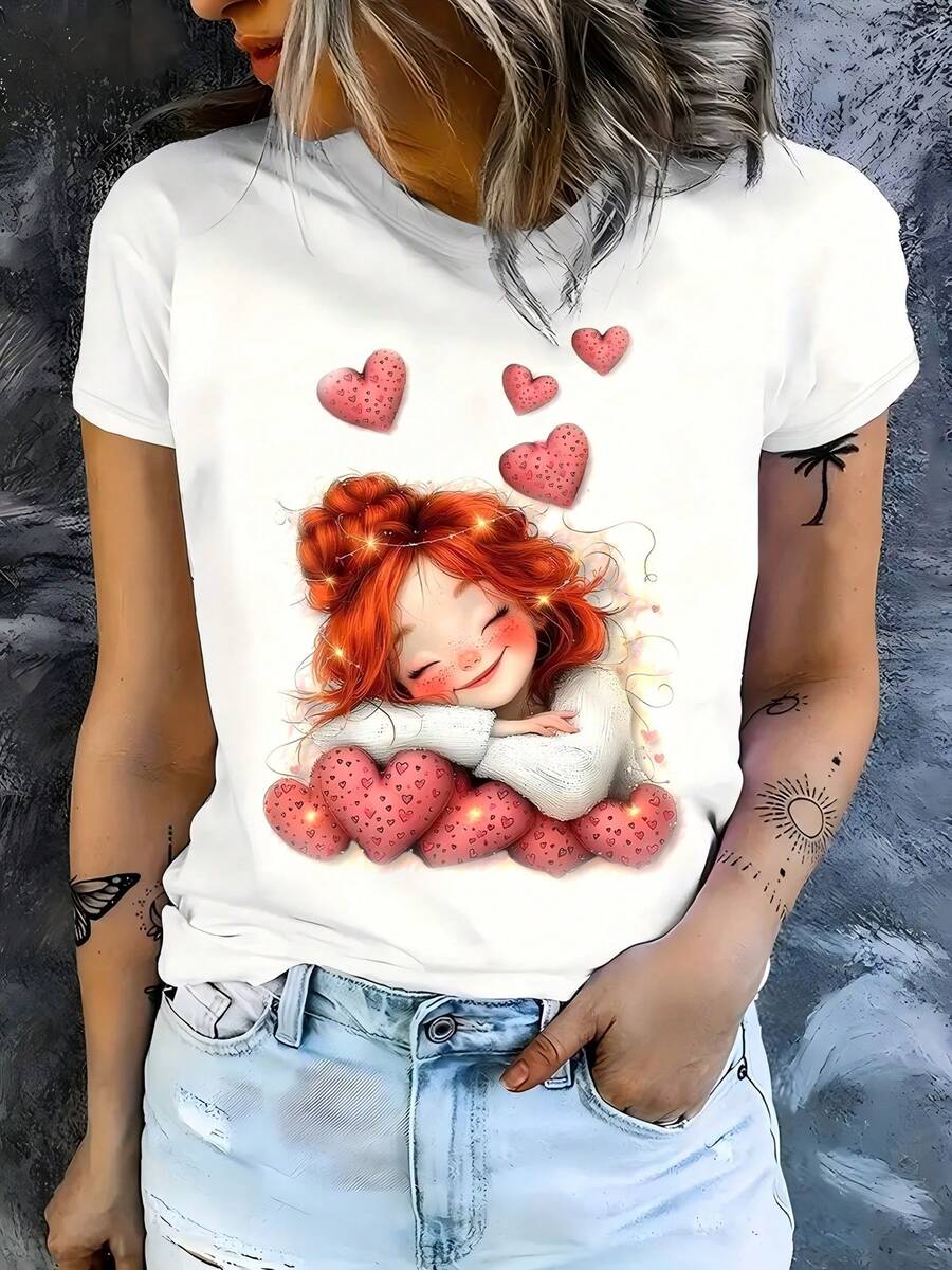 Camiseta Love Sweet, camiseta de moda de cuello redondo para mujer, top blanco versátil para mujer, camiseta de edición limitada para el Día de San Valentín