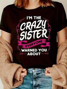 Camiseta Divertida para Mujer: "Soy la Hermana Loca de la que Todos te Advertieron", Camiseta Suave y Elástica con Letras Audaces en Blanco y Rosa, Eslogan Humorístico, Idea de Regalo de Cumpleaños para Hermanas, Camiseta Casual de Manga Corta con Cuello Redondo, Negra - Negro - Ver 6