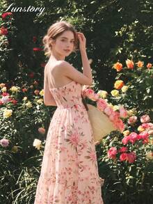 QIANZHIDU Vestido largo de mujer con estampado floral menudo, estilo casual elegante de verano para vacaciones, adecuado para playa, jardín, festival, fiesta, reunión y oficina - Rosa - Ver 3
