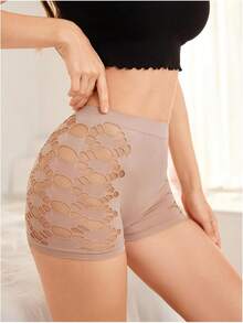 Women's High Waist Solid Black Shorts with Hollow Out Design, Slim Fit Stretchy Cut Out Side Yoga Shorts, Sexy Athleisure Bottoms - Albaricoque - Ver 4