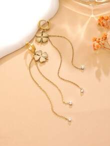 VceTd 1 Pair Elegant Style Stainless Steel Clover Tassel Earrings With Glass Decor, Suitable For Women To Wear At Banquets - Yellow Gold - View 6