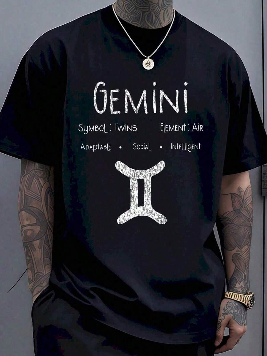 Camiseta con el Signo Zodiacal Géminis, Símbolo de Astrología, Elemento Géminis, Aire, Adaptable, Social, Inteligente, Moda Casual para Hombres y Mujeres, Regalo de Cumpleaños para Amantes de los Géminis - Negro - Ver 1