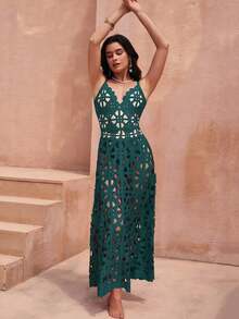 Swim Oasis Nuevo conjunto de vestido de traje de baño de una pieza con espalda descubierta y corte láser sexy de verano, traje de baño de alta moda - Verde Oscuro - Ver 3