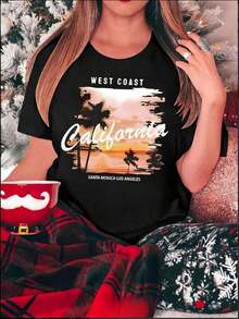 Camiseta de manga corta para mujer con estampado creativo de atardecer y playa, estilo casual y deportivo, cómoda para el verano, ideal para vacaciones. Camiseta casual de manga corta con cuello redondo y estampado gráfico para mujer, de algodón suave, regalo para el Día de la Madre y Pascua, transpirable y cómoda. - Negro - Ver 11