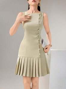 Vestido corto elegante de unicolor con dobladillo plisado y sin mangas - Caqui - Ver 6