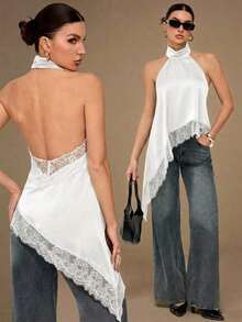 2026 Tall Backless Camisole Top With Elegant Lace Trim, Sexy Patchy Satin Sleeveless Blouse For Parties, Cocktails, Formal Occasions, Christmas, Business Casual - 軍綠色 - 查看 1