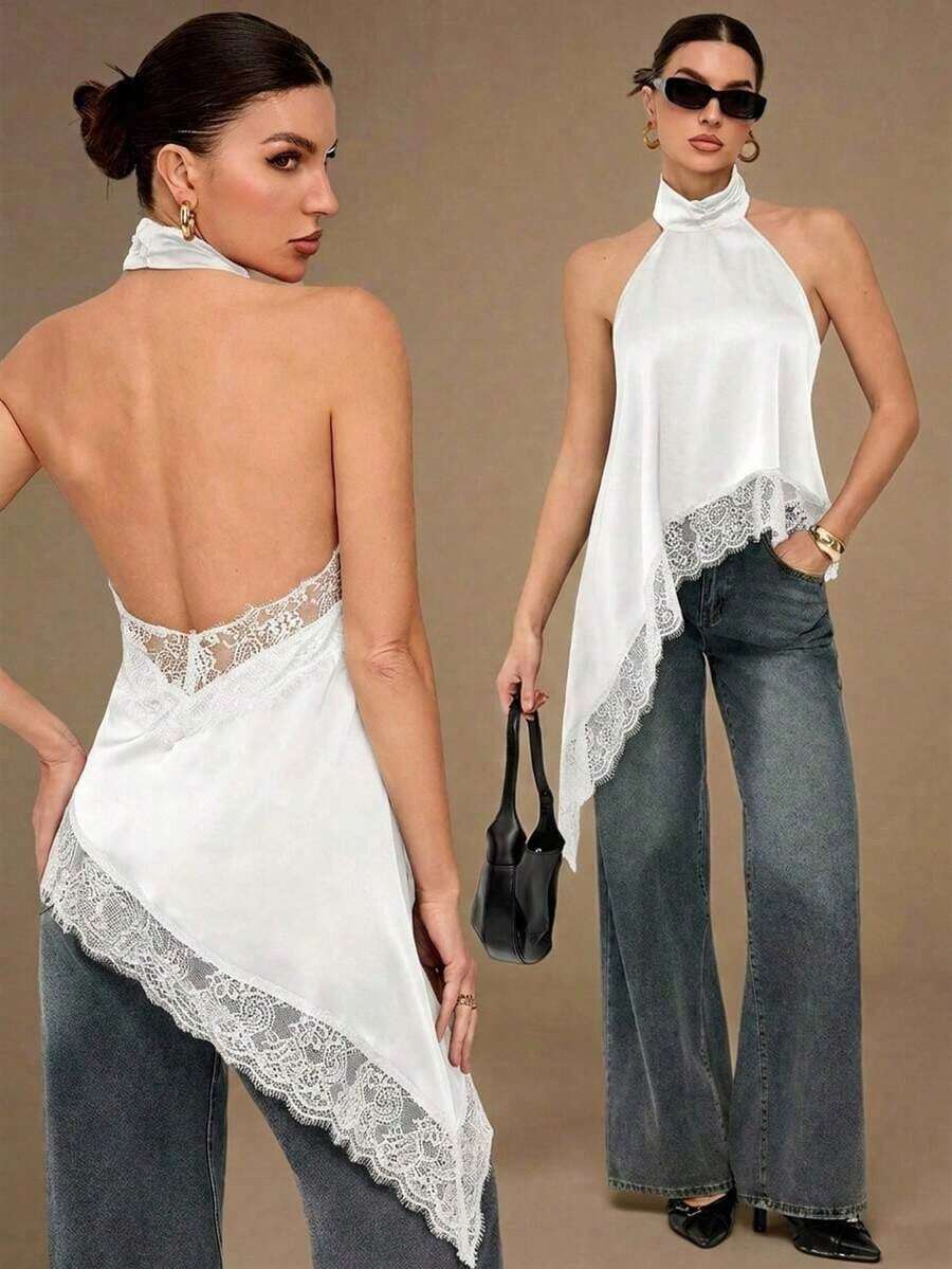 2026 Tall Backless Camisole Top With Elegant Lace Trim, Sexy Patchy Satin Sleeveless Blouse For Parties, Cocktails, Formal Occasions, Christmas, Business Casual - 軍綠色 - 查看 1
