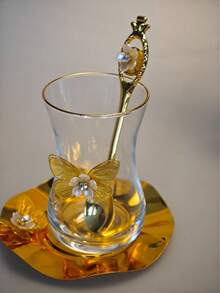 1个带勺子的豪华玻璃金边咖啡杯，新款土耳其咖啡杯带碟，蝴蝶甜点盘 - 彩色 - 查看 3