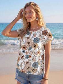 Camisa casual de mujer con patrón floral retro y cuello redondo, adecuada para el verano y para salir, blusas elegantes para mujer, casual - Multicolor 3 - Ver 3