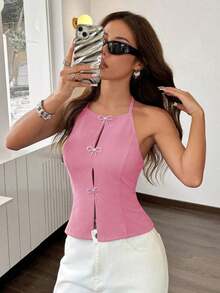 Top de tirantes de corte regular y unicolor sin mangas y escote trasero para mujer - Rosa - Ver 7