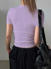 Camiseta Casual De Manga Corta Con Cuello Redondo Y unicolor Para Mujer En Verano - Morado - Ver 2