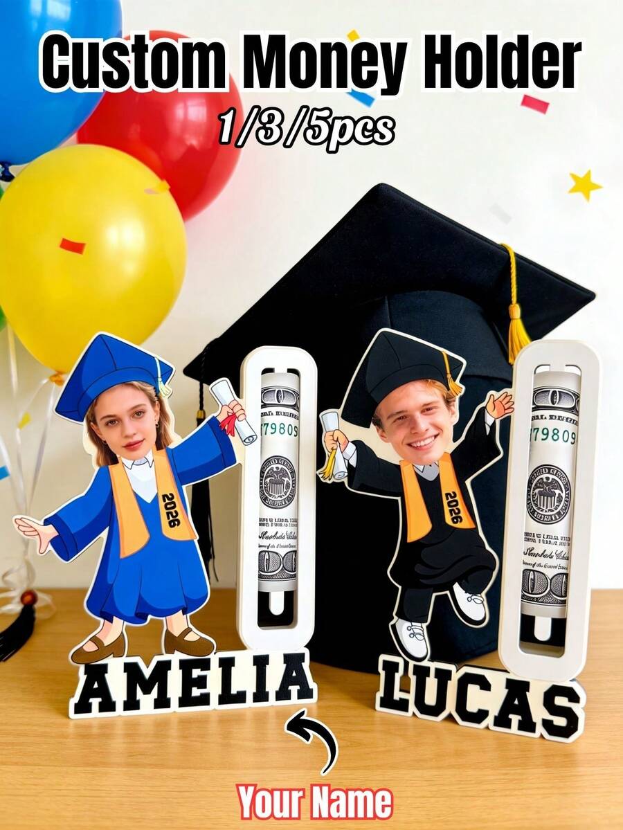 1/3/5 Stücke personalisierter Geldhalter zur Graduierung, individuell mit Foto & Name UV-bedruckter Holz-Bargeldhalter, kreative Graduierungserinnerung, perfektes Geschenk für Absolventen, Lehrertag, Graduierungsfeier, Geburtstag, Tischdekoration Zuhause - Normal - Übersicht 1