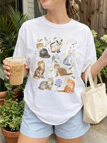 Camiseta Retro de los 90 con Tatuaje de Gato, Camiseta Vintage con Gatito, Regalo para Amantes de los Gatos, Estilo Cottagecore, Camiseta Gráfica Relajada para Adultos - Blanco - Ver 3