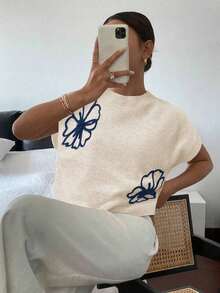 Blusa de punto de unicolor para mujer, simple y de moda, para uso diario.Blusa de punto de color gris sólido con patrón hecho a mano, con bloques de color y ribete negro, con flor 3D, para primavera.Se puede usar fuera, dentro, para uso diari - Albaricoque - Ver 5