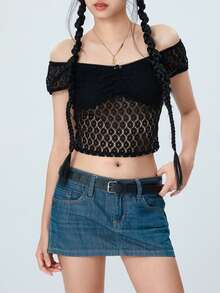 Women's Lace Crop Tops Basic Off Shoulder Short Sleeve Solid Color Slim Fit T-Shirts Ladies Tops - Black - View 2