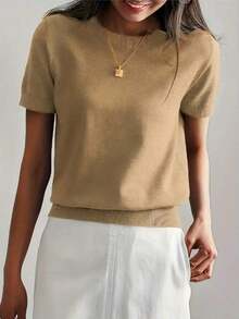 Camiseta de punto de manga corta de unicolor y peso ligero para mujer, top minimalista de verano - Amarillo terroso - Ver 3