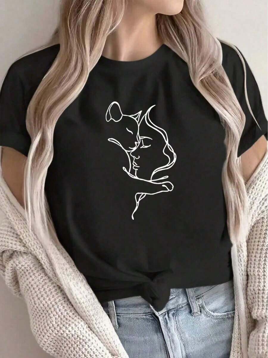 Loose's Women's White Crew Neck T-Shirt With Minimalist Cat Design | Lightweight And Comfortable, Casual And Versatile, Suitable For Everyday Outings And Relaxing At Home Or In A Cafe - Simple Solid Colors Shortsleeve 100% Cotton - 黑色 - 查看 1