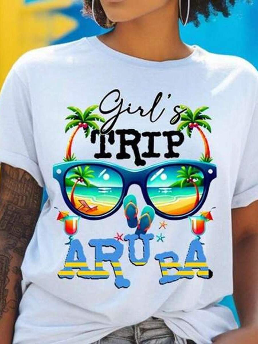 Women's Short Sleeve T-Shirt With Round Neck And Print Vie De Chicas Aruba Sunglasses Palm Trees Beach Drink Flip Flops S-3XL Fashionable, Comfortable And Breathable, Machine Washable - 白色 - 查看 1