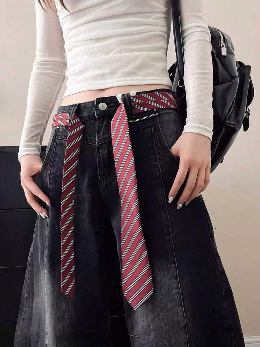 1 Stück Vintage gestreifte Krawatte, Y2K Stil Gürtel, Damen Punk Chic hochwertiges vielseitiges Denim Taillenseil Accessoire