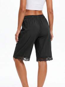 Women's Fashion Shorts Lace Trim Drawstring Elastic Waist Short Pants Summer Casual Shorts - Negro - Ver 6