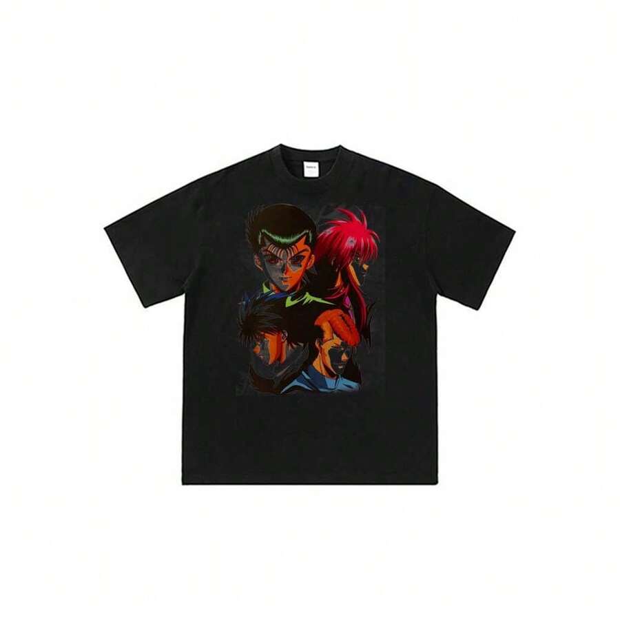 Yu-Yu-Hakusho-Yusuke-Urameshi-Kurama-Hiei-Kazuma-Kuwabara-Group-Posing-Art-(4) Unisex Summer Casual Short Sleeve T-Shirt With Anime Cartoon Print Y2K - 黑色 - 查看 1