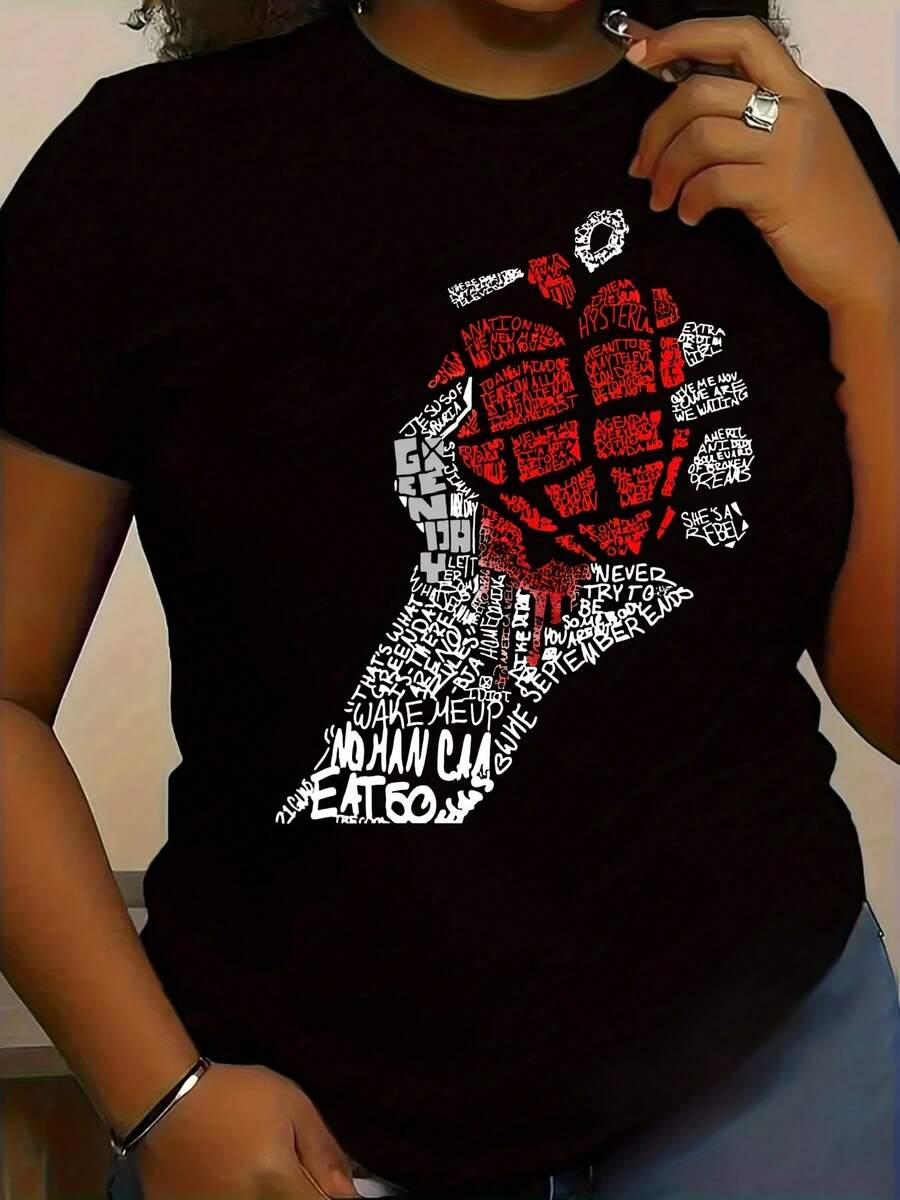 Camiseta de Mujer Estilo Hip-hop Urbano con Estampado de Letras Creativas, Manga Corta Cuello Redondo Ligera y Transpirable, Esencial para el Verano - Negro - Ver 1
